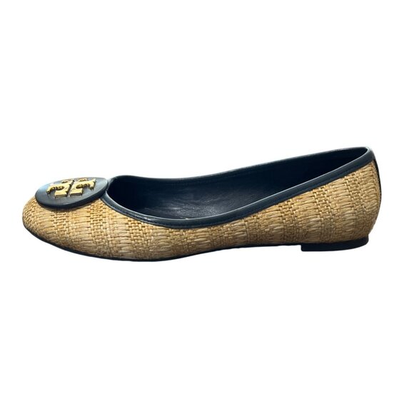 Tory Burch Reva Navy & Raffia Straw Woven Flats Logo Womens Size 7.5 - Picture 8 of 9